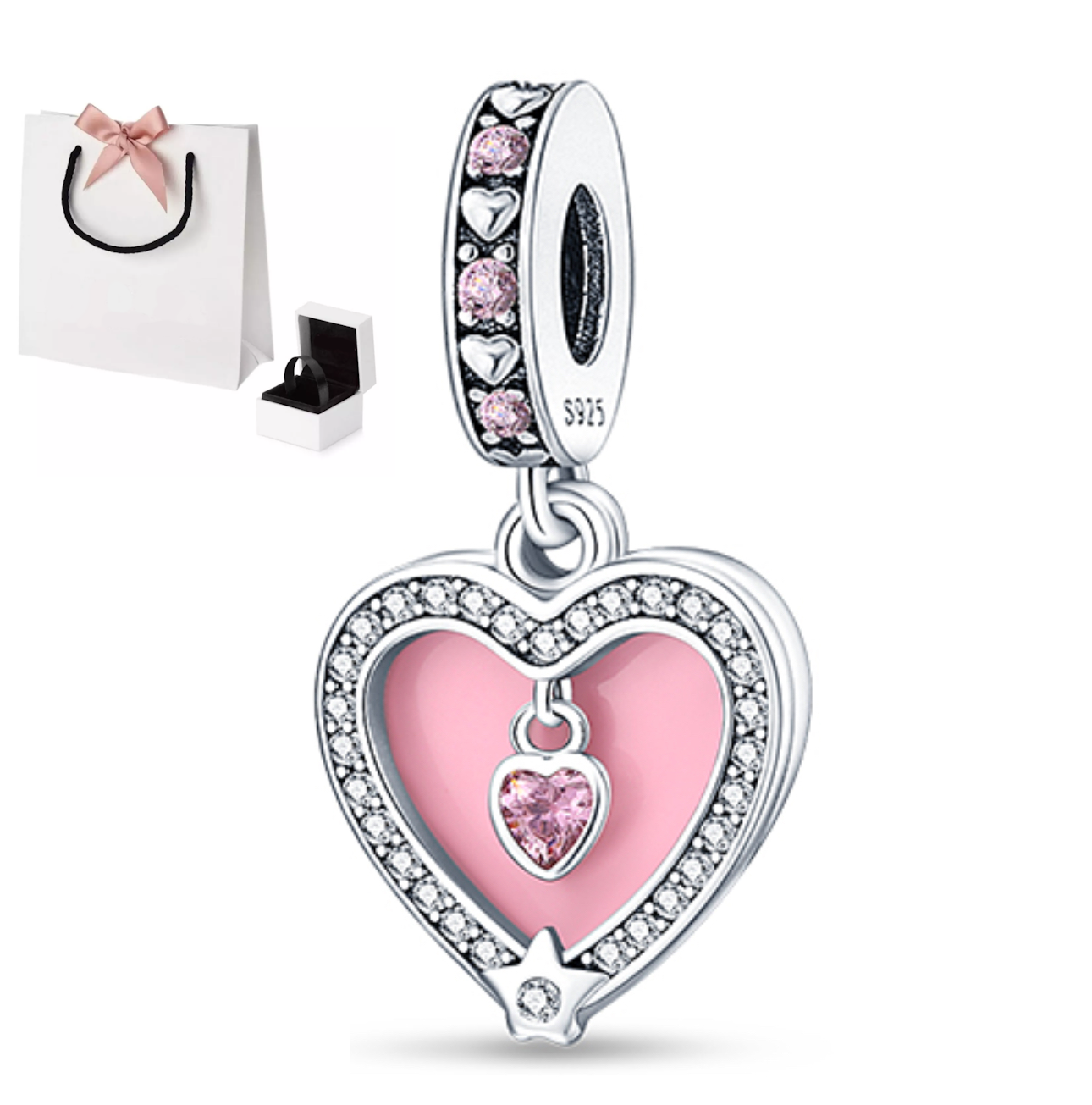Charm corazón rosa brillante de plata