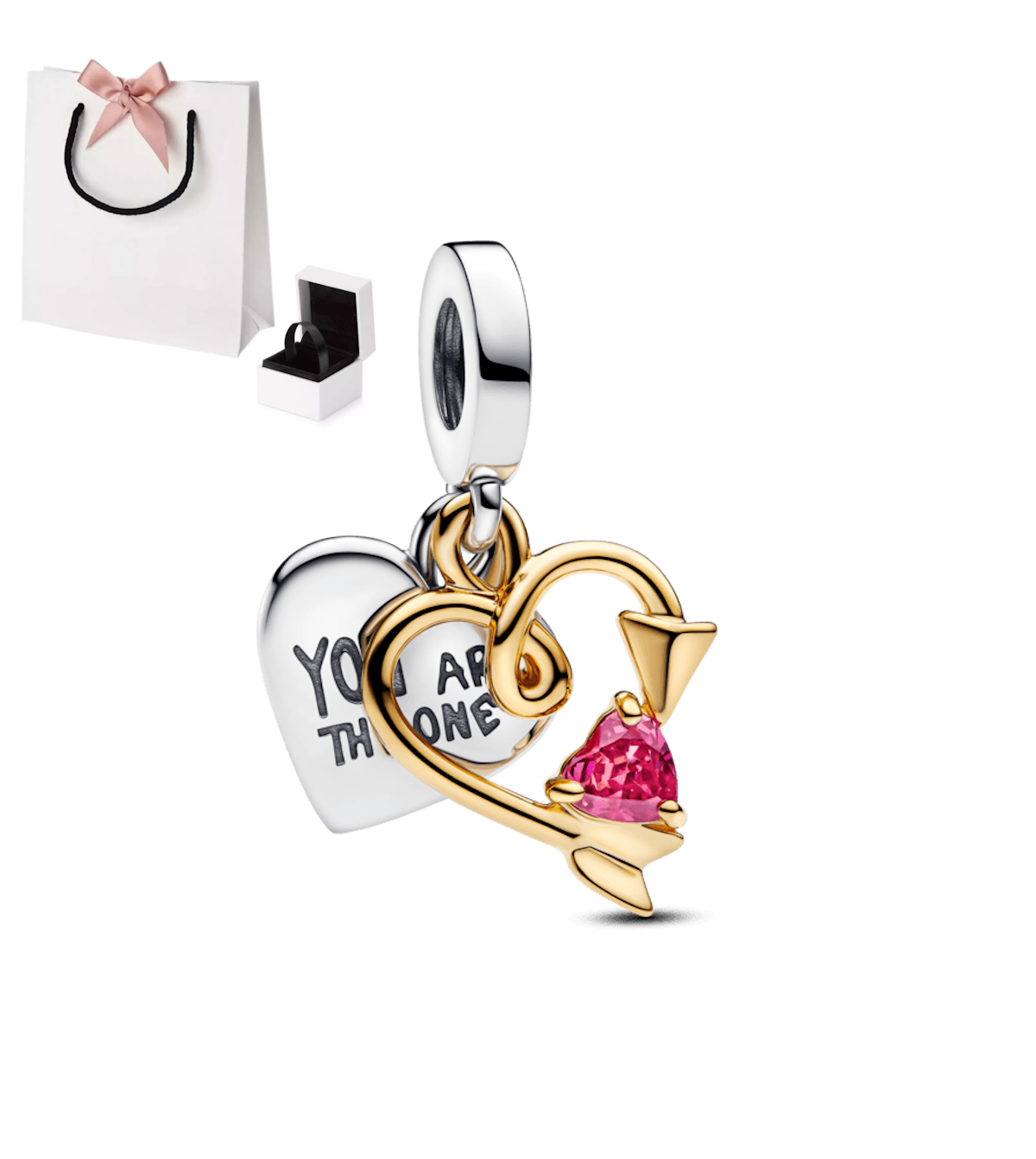 Dije Doble Corazón y Flecha con Cristal Rosa