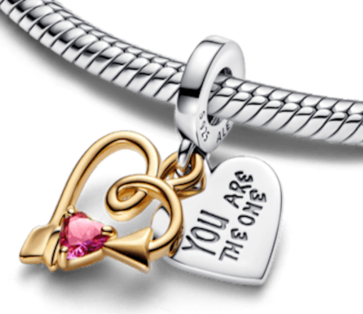 Dije Doble Corazón y Flecha con Cristal Rosa