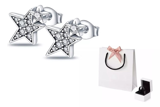 Aretes Estrellas Dobles Plata S .925 Ale Regalo Para Mujer