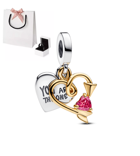 Dije Doble Corazón y Flecha con Cristal Rosa